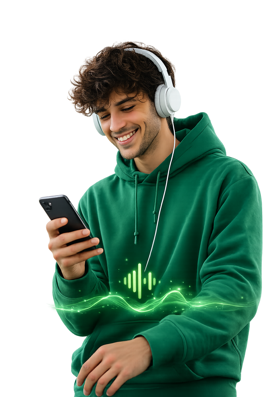 Joven estudiando el teórico de conducir por voz con auriculares